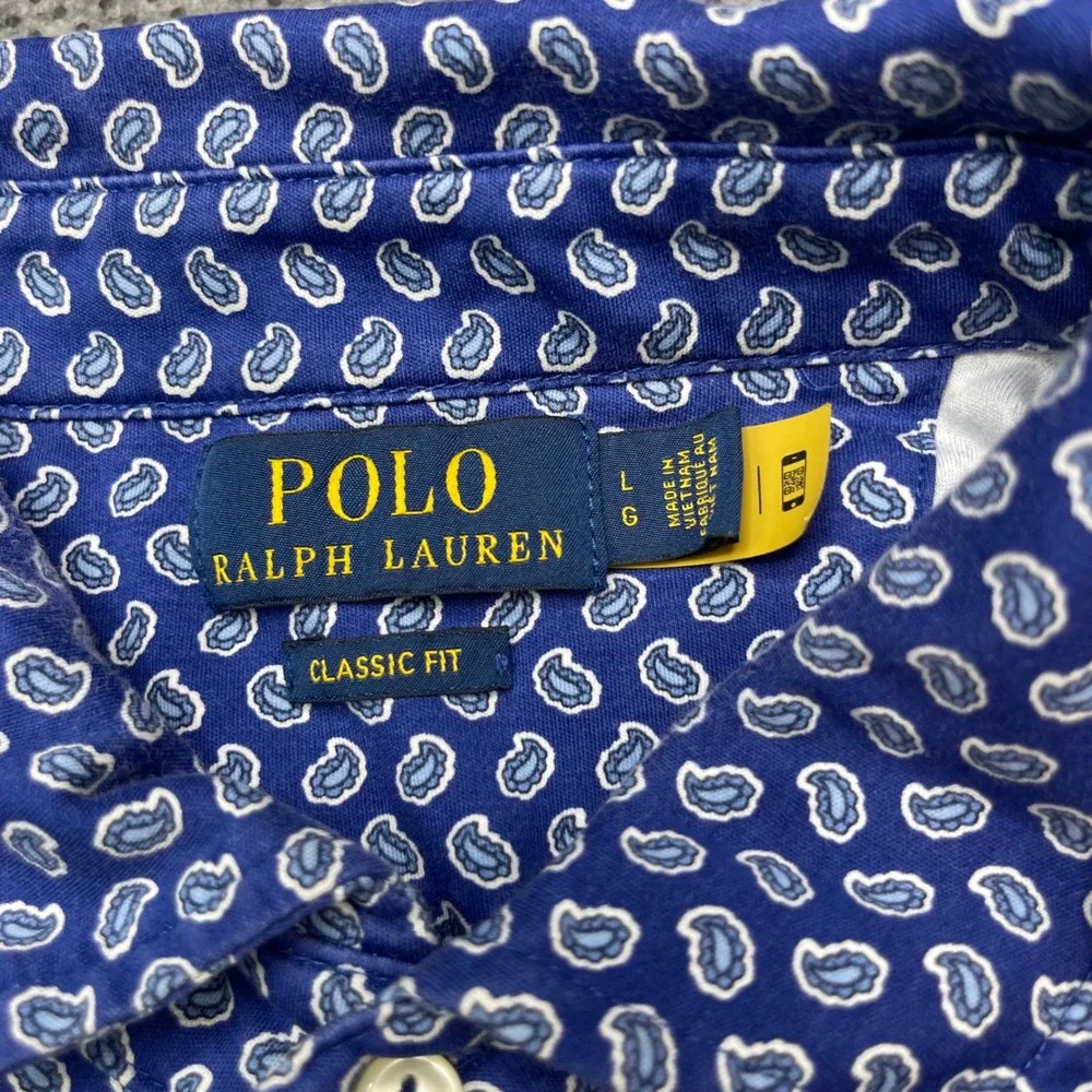 Polo Ralph Lauren Mens (L) Blue Paisley Short Sleeve Polo Shirt Classic Fit FLAW